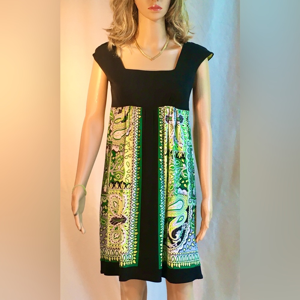 LONDON TIMES Black Green empire waist minidress Short sleeve Square neckline S6 - Picture 3 of 13